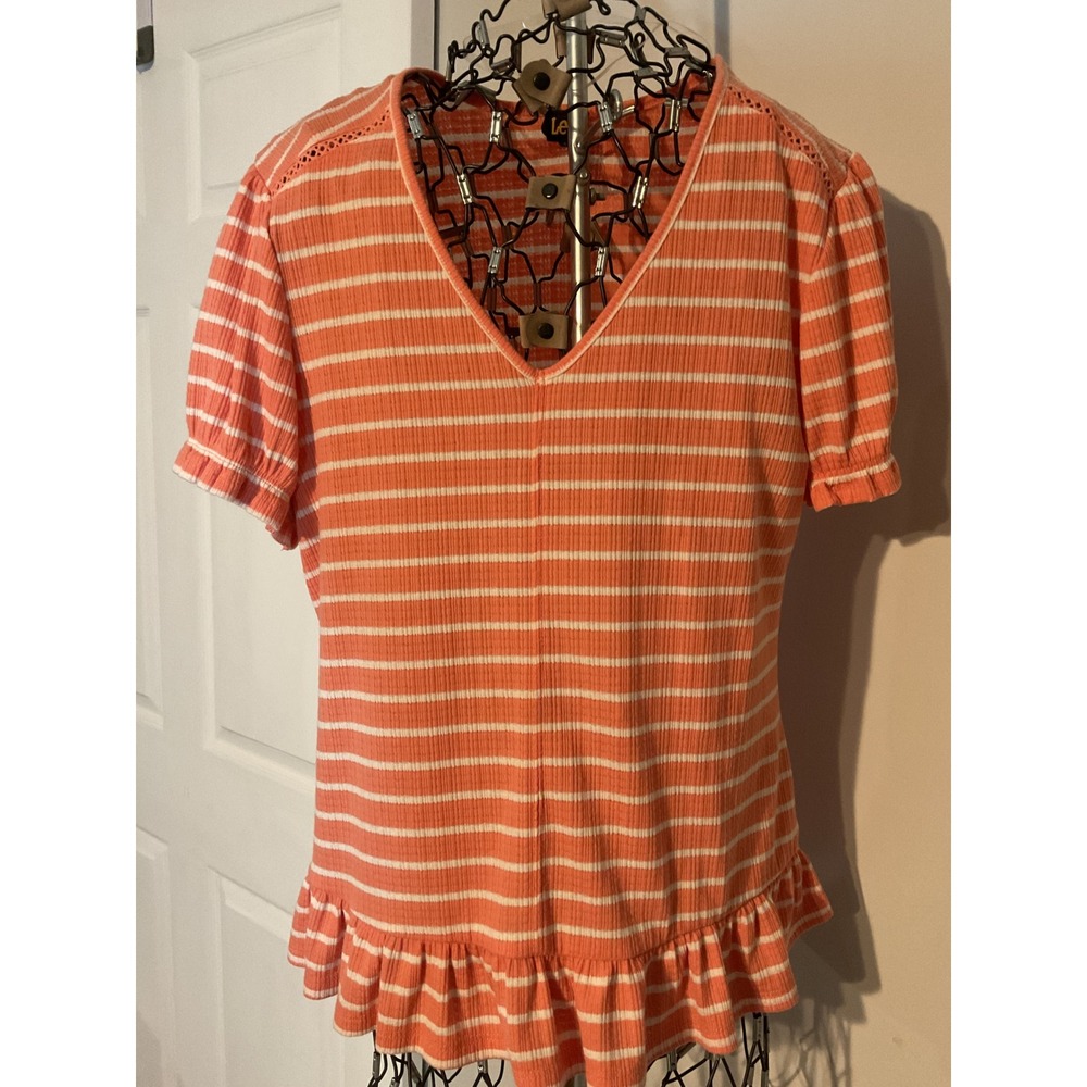 Lee‎ Womens Coral Pink White Striped Ribbed Knit V-Neck Peplum Top Small